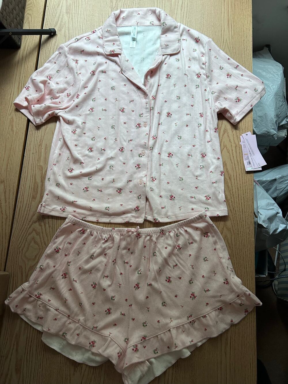 New Women’s 2Pc Wild Fable Shirt & Shorts Pajamas Set Light Pink Size Medium